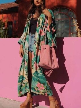 Floral Kimono Cover-Up Belted Kimono Bohemian Hippie Festival Beachy One Size